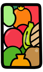 flat illustration of fruits and vegetables in a pan or box with top view