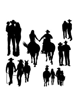 Cowboy family lifestyle silhouettes. Good use for symbol, logo, icon, mascot, sign, or any design you want.