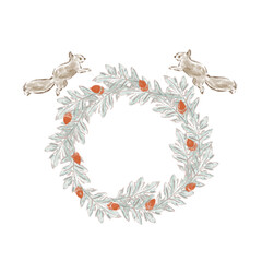 りすと赤いどんぐりがついたモスグリーンのリース