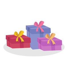 Vector illustration Three gift boxes of red, scarlet and violet colors tied with gold and pink ribbons.