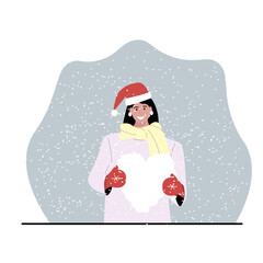 Saint Valentines Day Greeting Card Vector Design. Woman in Santa Claus hats holds heart of snow in their hands Under Snowfall. Vector illustration