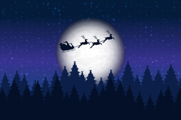 Santa is flying through the night sky under the village. Santa sleigh driving over the Moon in the night. Eps 10. Christmas Background.