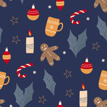 seamless pattern with Christmas items on deep blue background
