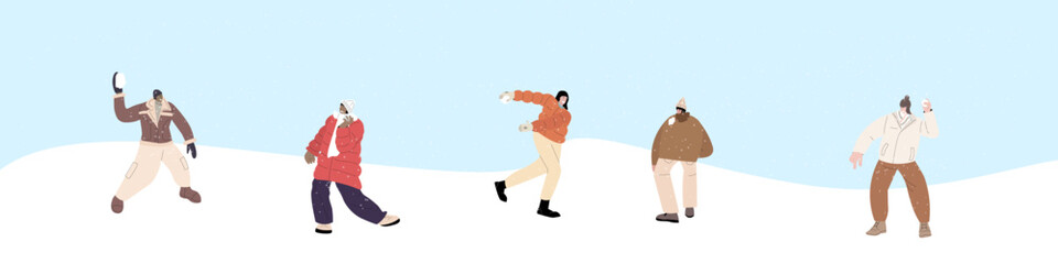 People play snowballs fun game in winter snow landscape vector illustration. Cartoon friend characters playing outdoors, enjoying frost cold weather. Winter healthy activity concept