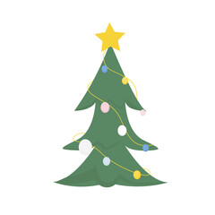 Christmas tree with toys, a garland and a star on top. Vector illustration