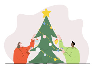 Vector illustration man and woman are preparing for the new year, decorating a Christmas tree for the holiday, hanging Christmas toys