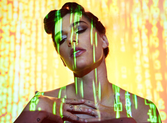 Futuristic, neon and projection on cyberpunk woman thinking with edgy makeup and hair style in studio. Dystopian, projection and 3d glow illumination on girl with serious face contemplating future.