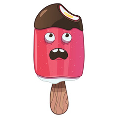 Ice cream on a stick emoji character with chocolate glaze isolated on white background for Your business project. Ice cream from milk. Ice lolly. Vector Illustration