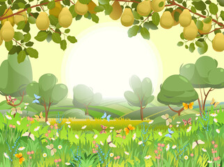 Landscape with pear branches. View of the rural garden hills and meadow. Summer dawn sunrise. Garden plant with edible crop. Branch with foliage and leaves. Vector