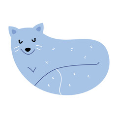 Cute arctic fox character, white fox animal lying on snow and sleeping, adorable cartoon mascot. flat vector illustration isolated on white background