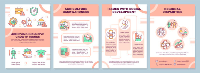 Achieving inclusive growth issues brochure template. Leaflet design with linear icons. Editable 4 vector layouts for presentation, annual reports. Arial-Black, Myriad Pro-Regular fonts used