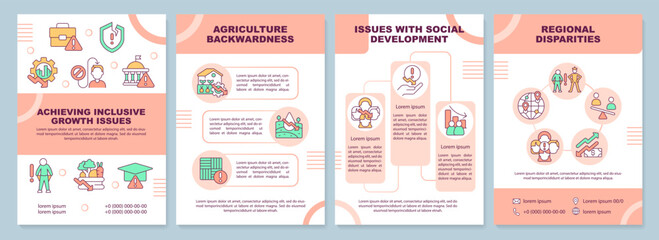 Fototapeta na wymiar Achieving inclusive growth issues brochure template. Leaflet design with linear icons. Editable 4 vector layouts for presentation, annual reports. Arial-Black, Myriad Pro-Regular fonts used