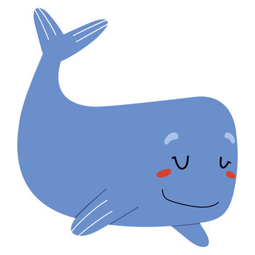 Cute blue whale character, funny ocean animal swimming and smiling, adorable whale mammal. flat vector illustration isolated on white background