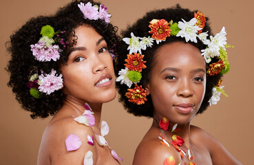 Beauty, flowers and skincare with black women friends together for natural cosmetics, makeup and...