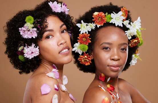 Beauty, flowers and skincare with black women friends together for natural cosmetics, makeup and self care mockup on studio background. Portrait of models for spring or floral aesthetic dermatology