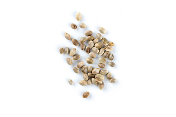Cannabis hemp seeds pile close up macro shot isolated
