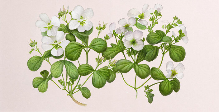 Brahmi (Bacopa Monnieri). Botanical illustration on white paper. The best medicinal plants, their effects and contraindications. Natural medicine. Plant properties