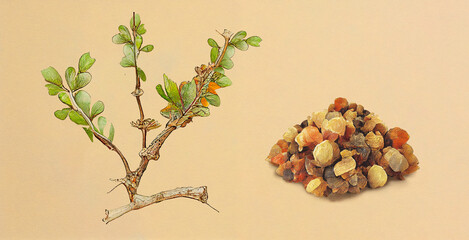 Myrrh (Commiphora Myrrha). Botanical illustration on white paper. The best medicinal plants, their effects and contraindications. Natural medicine. Plant properties