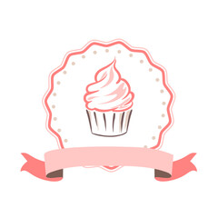 Pink cupcake with ribbon bow logo on white