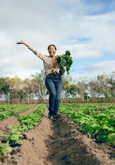 Happy woman, portrait and celebrate agriculture, harvest and nature in gardening environment, plant...