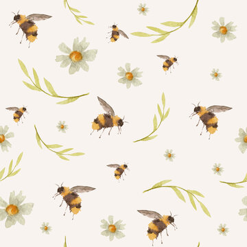 Seamless pattern with daisies and bees on a beige background, painted in watercolor for your design.