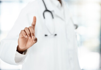 Hand, healthcare and touchscreen with a doctor black man using a technology interface in a hospital. Future, innovation and research with a medicine professional working in a clinic for medical