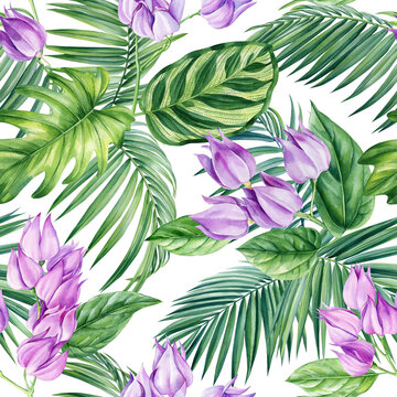Exotic Seamless pattern. Palm tropical leaves, green branch. jungle plants. Botanical drawing watercolor