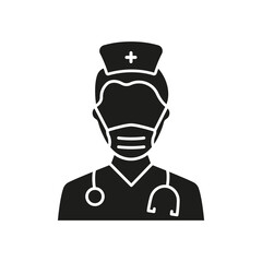 Professional Doctor with Stethoscope in Face Mask Silhouette Icon. Male Physicians Specialist and Assistant Glyph Black Pictogram. Isolated Vector Illustration