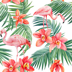 Naklejka premium Orchids flower, palm leaves and flamingo. Pink bird. Botanical illustration, jungle leaves. 