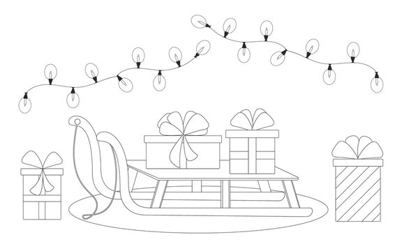 Coloring page for kids. Christmas sled and gifts. Christmas doodle set. 