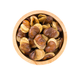 Broad windsor fava bean seeds in wood bowl isolated on transparent png