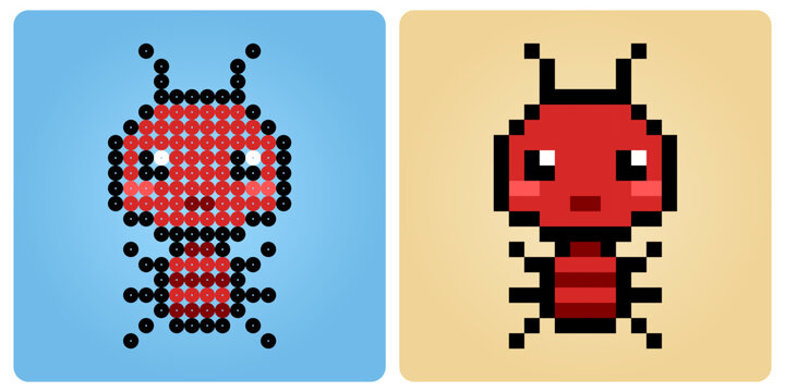 8 bit pixel ant character. Animals for game assets and beads pattern in vector illustrations.