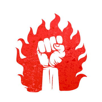Hand raised with clenched fists with fire.