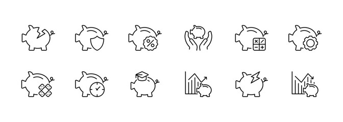 Fototapeta premium Piggy bank set icon. Thriftbox, moneybox, Protection, security, discount, sale, percentage, coupon, calculator, setting, patch, time, deposit, education, analytics, statistics. Vector black icons
