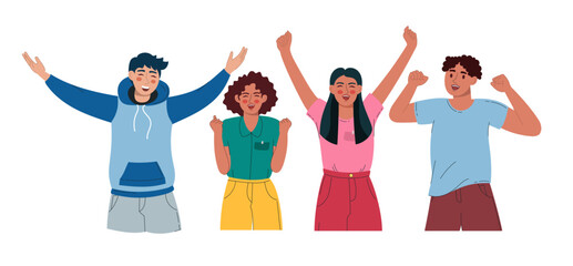 A group of joyful people of different. They raise their hands and rejoice. Vector illustration flat