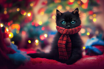 Black cat in a red scarf in the Christmas tree and lights background, AI generated image