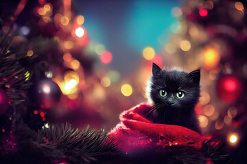 Black green eyed kitten in a red scarf in the Christmas lights background, AI generated image
