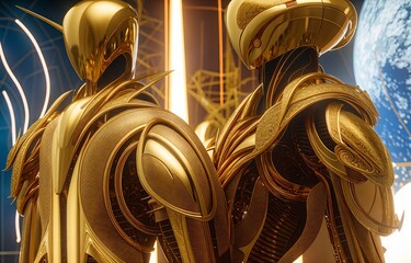 two fantasy alien in golden armor suits staying in a dark room with futuristic technology glowing lights