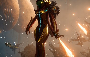 Naklejka premium futuristic astronaut in golden suit with a green face protection glass and jet pack flying in front of a space background with stars and planets in the sky