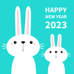 Happy Chinese New Year 2023. The year of the rabbit. Two white bunny set. Cute cartoon kawaii funny baby character. Long ears. Farm animal. Blue background. Greeting card. Isolated. Flat design