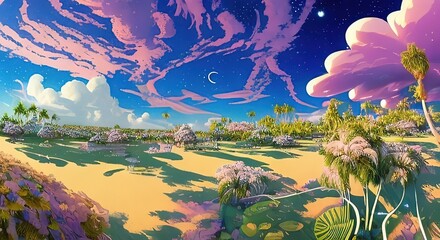 Sunrise morning inside fantasy forest paintinr illustration. Beautiful dayligth scenery, two sun beds