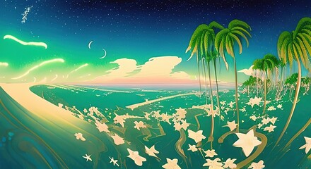 Fototapeta na wymiar Sunrise morning inside fantasy forest paintinr illustration. Beautiful dayligth scenery, two sun beds