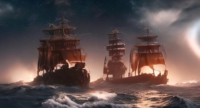 Sailing old ship instorm sea - night sky with crescent in the clouds. Pirate ghost ship