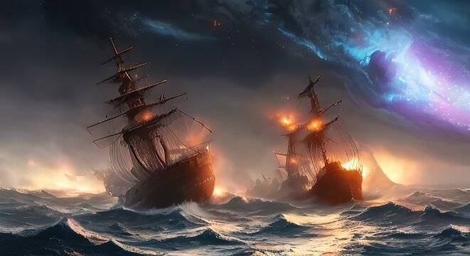Sailing old ship instorm sea - night sky with crescent in the clouds. Pirate ghost ship