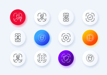 Biometric data set icon. DNA, face id, voice unlock, fingerprint, iris scan, hand, person, tick, heartbeat, check pulse. Privacy concept. Neomorphism style. Vector line icon for Business