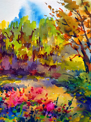 Obraz na płótnie Canvas Watercolor colorful bright textured abstract background handmade . Mediterranean landscape . Painting of the park in autumn , made in the technique of watercolors from nature