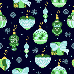 Merry Christmas. Seamless pattern with Christmas toys and a gift. Vector, color illustration. Wrapping paper.
