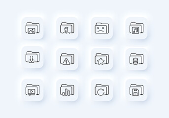 File set icon. Upload and upload information, gallery, images, folders, data, search, minus, new, communication. Data set concept. Neomorphism style. Vector line icon for Business