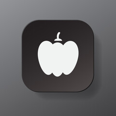 Black square button with white paprika outline icon, white bell pepper on the black plate. Flat symbol sign vector illustration isolated on gray background. Healthy nutrition concept