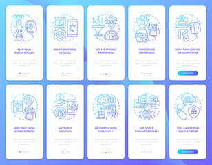 Prevent mobile phone hacking blue gradient onboarding mobile app screen set. Walkthrough 5 steps graphic instructions with linear concepts. UI, UX, GUI template. Myriad Pro-Bold, Regular fonts used